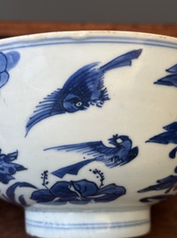 A Chinese blue and white 'birds among flowering branches' bowl, Shen De Tang Bo Gu Zhi 慎德堂博古製 mark, Kangxi