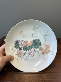 Two Chinese famille rose bowls, a 'Buddhist lion' plate and a 'Wu Shuang Pu' bowl, 19th C.