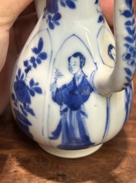 Een Chinese blauw-witte dekselkan met 'Lange Lijzen', jade merk, Kangxi