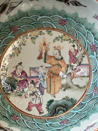 A Chinese famille verte dish, a famille rose basin and a dish, 19th C.