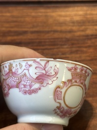 A 28-piece Chinese puce-enamelled and gilt armorial tea service with crowned monograms, Qianlong