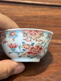 Nine Chinese famille rose cups and eight saucers, Yongzheng/Qianlong