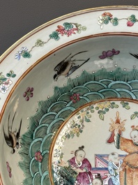 A Chinese famille verte dish, a famille rose basin and a dish, 19th C.