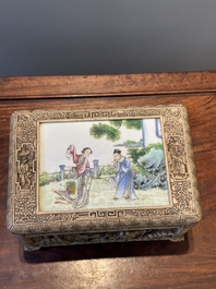 A Chinese Canton carved wooden casket with a famille rose plaque, Republic