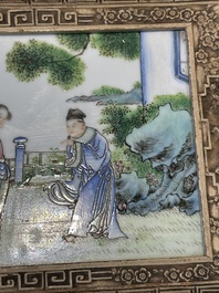 A Chinese Canton carved wooden casket with a famille rose plaque, Republic