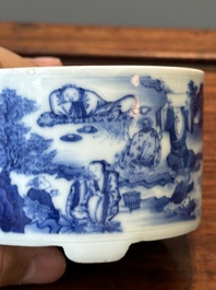 A Chinese blue and white rouleau vase and a tripod censer, Kangxi