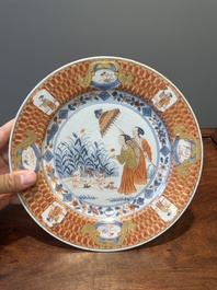 Three Chinese Imari-style 'Parasol ladies' plates after Cornelis Pronk, Qianlong