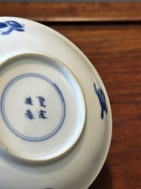 Six Chinese blue and white 'Long Eliza' cups and saucers, various marks, Kangxi