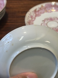 A 28-piece Chinese puce-enamelled and gilt armorial tea service with crowned monograms, Qianlong