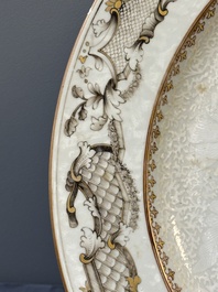 A Chinese grisaille armorial dish and two plates for the Dutch, English and Scottish markets, Qianlong