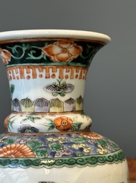 A Chinese famille verte 'mandarin duck and lotus' rouleau vase , 19th C.
