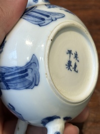 A Chinese blue and white 'Long Eliza' teapot and cover, Chenghua mark, Kangxi