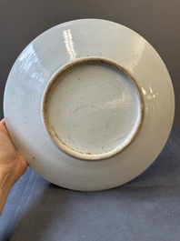 A Chinese famille verte dish, a famille rose basin and a dish, 19th C.