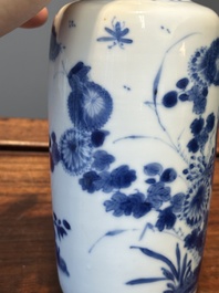 A Chinese blue and white rouleau vase and a tripod censer, Kangxi