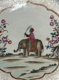 Assiette en porcelaine de Chine famille rose &agrave; d&eacute;cor d&rsquo;un cornac sur son &eacute;l&eacute;phant, Qianlong