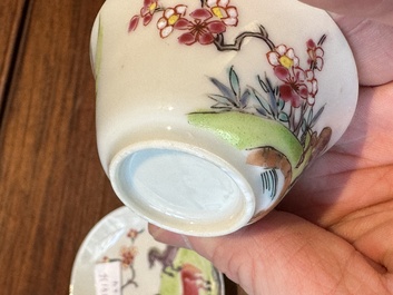 A pair of Chinese famille rose cups and saucers with horses, Yongzheng