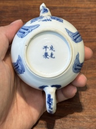 A Chinese blue and white 'Long Eliza' teapot and cover, Chenghua mark, Kangxi