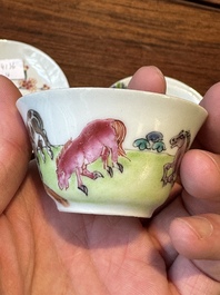 A pair of Chinese famille rose cups and saucers with horses, Yongzheng