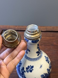 A Chinese blue and white bowl and a silver mounted vase, Shen De Tang Zhi 慎德堂製 mark, Kangxi