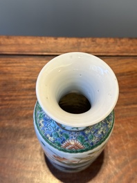 A Chinese famille verte 'mandarin duck and lotus' rouleau vase , 19th C.