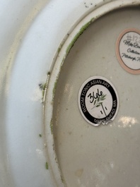 A pair of Chinese Canton famille rose monogrammed plates and a large '100 butterflies' tray, 19th C.