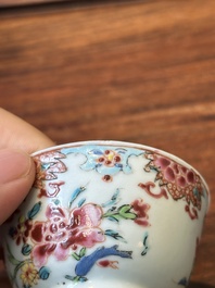 Nine Chinese famille rose cups and eight saucers, Yongzheng/Qianlong