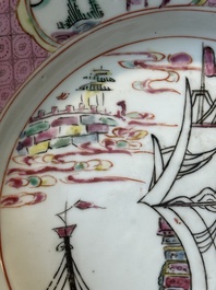 Een Chinees famille rose bord met een driemaster, Yongzheng