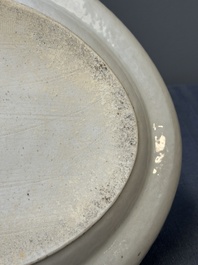 An oval Chinese monogrammed Canton famille rose dish with landscape design, 19th C.