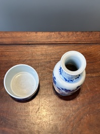 A Chinese blue and white rouleau vase and a tripod censer, Kangxi