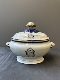 A Chinese export monogrammed blue-enameled and gilt tureen and cover, Qianlong