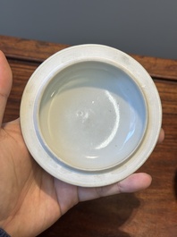 A rare Chinese Canton famille rose covered sugar bowl, a cup and saucer, 19th C.