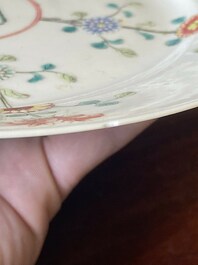 A pair of Chinese famille rose 'Jiangxi Province' plates, endless knot mark, 19/20th C.