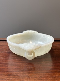 An important Chinese chrysanthemum-shaped very pale celadon jade marriage bowl, 18th C.