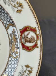 A Chinese grisaille armorial dish and two plates for the Dutch, English and Scottish markets, Qianlong