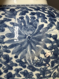 A Chinese blue and white 'lotus scroll' vase and cover, Kangxi