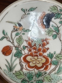 A Chinese famille verte cylindrical box and cover with gilt bronze mount, Kangxi