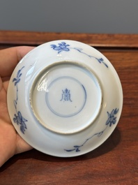 Six Chinese blue and white 'Long Eliza' cups and saucers, various marks, Kangxi
