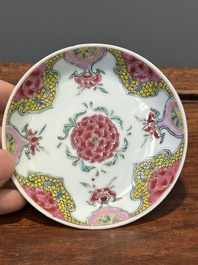 Five Chinese famille rose cups and six saucers with floral decor, Yongzheng/Qianlong