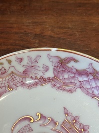 A 28-piece Chinese puce-enamelled and gilt armorial tea service with crowned monograms, Qianlong
