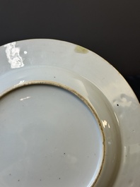 A Chinese grisaille armorial dish and two plates for the Dutch, English and Scottish markets, Qianlong