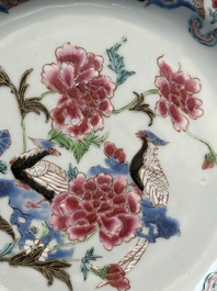 Four Chinese famille rose plates with flowers and animals, Yongzheng/Qianlong