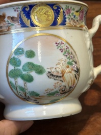 A rare Chinese Canton famille rose covered sugar bowl, a cup and saucer, 19th C.