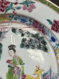 A pair of Chinese famille rose 'Magu' plates, Yongzheng