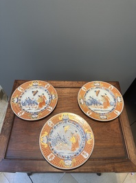 Three Chinese Imari-style 'Parasol ladies' plates after Cornelis Pronk, Qianlong