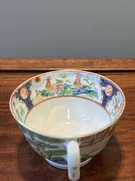 A rare Chinese Canton famille rose covered sugar bowl, a cup and saucer, 19th C.