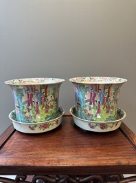 A pair of fine Chinese Canton famille rose jardinieres on stands, 19th C.