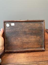 A rectangular Chinese famille verte plaque in a wooden faux bamboo frame, Kangxi
