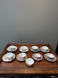 Nine Chinese famille rose cups and eight saucers, Yongzheng/Qianlong