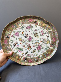 A pair of Chinese Canton famille rose monogrammed plates and a large '100 butterflies' tray, 19th C.