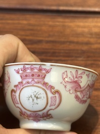 A 28-piece Chinese puce-enamelled and gilt armorial tea service with crowned monograms, Qianlong